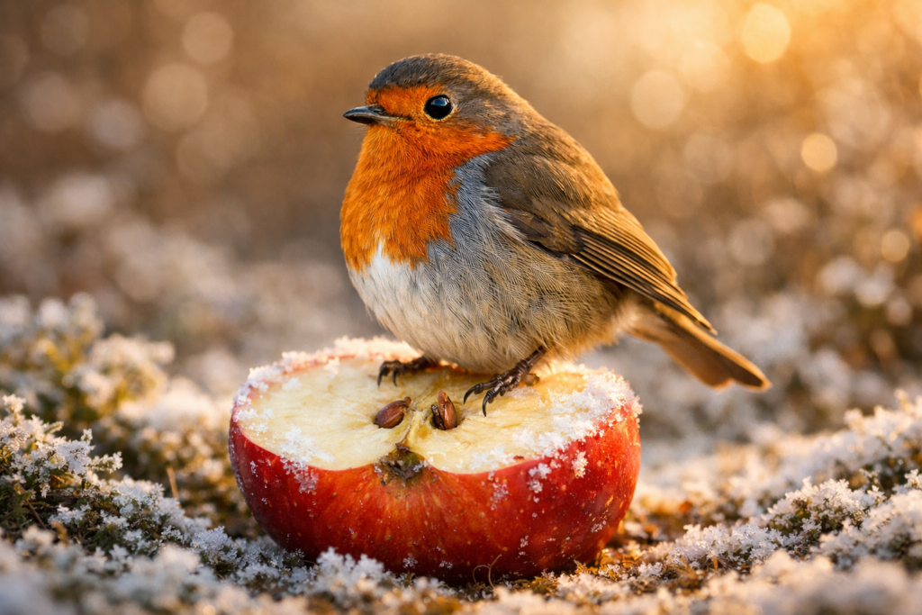 Rotkehlchen im Garten füttern mit Äpfeln im Winter.