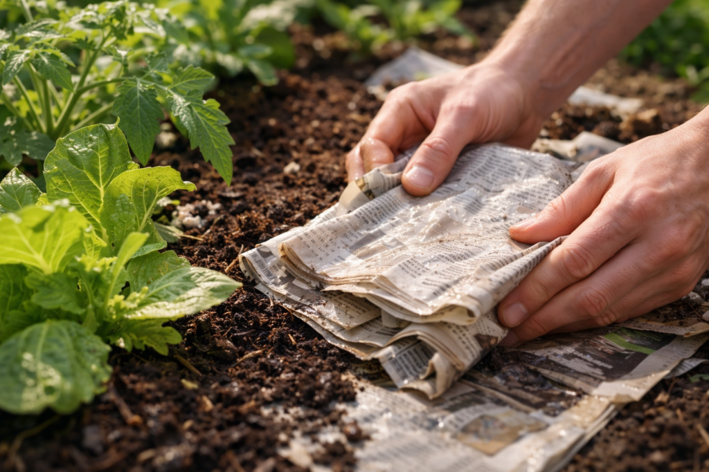 Alte Zeitungen als Mulchschicht im Gartenbeet gegen Unkraut